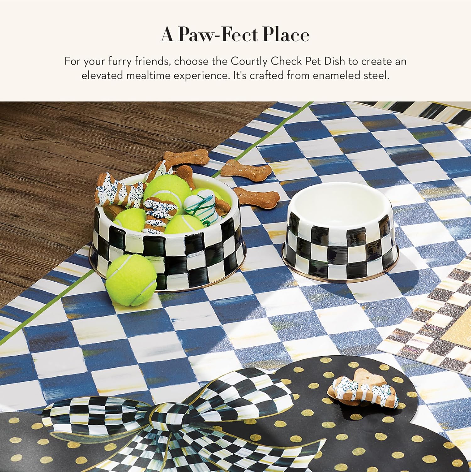 Black-and-white checkered ceramic pet bowl for cats and dogs, large size with food and water sections โ view 2