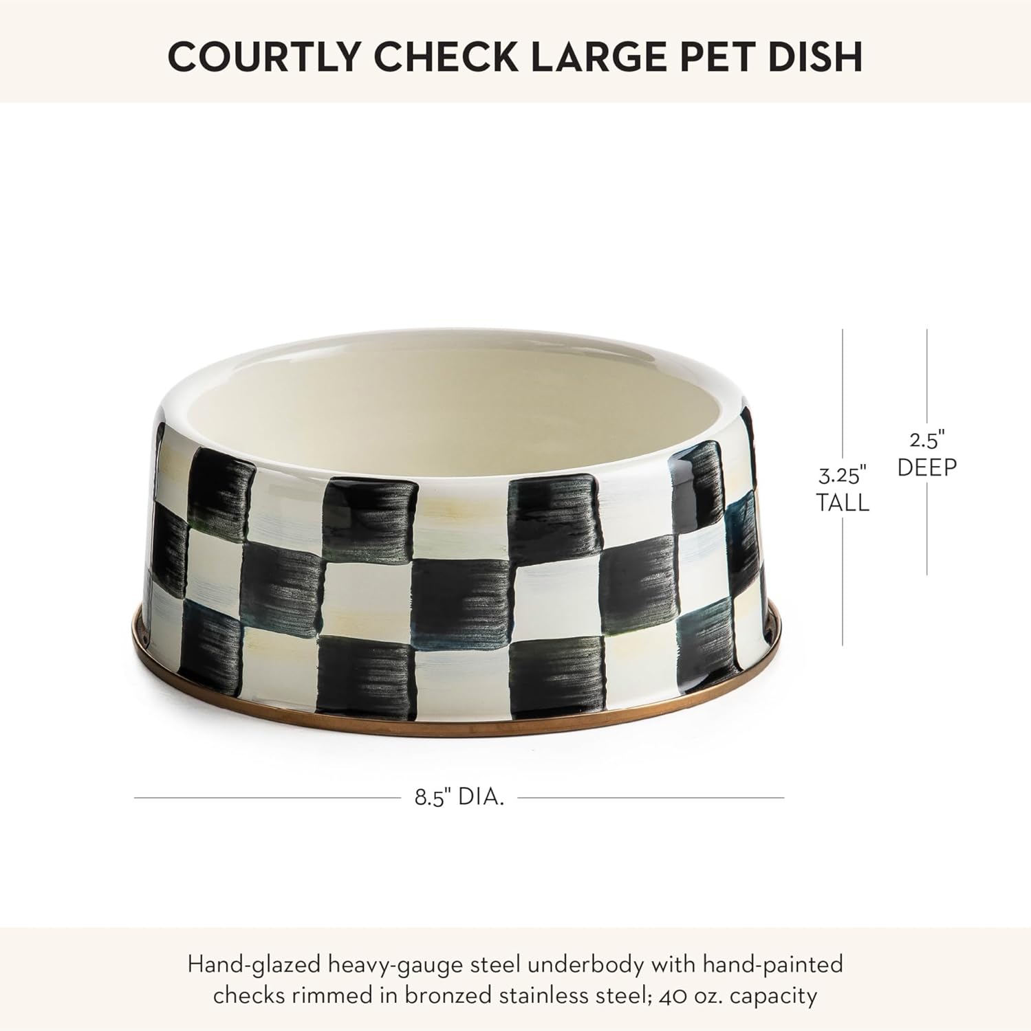 Black-and-white checkered ceramic pet bowl for cats and dogs, large size with food and water sections โ view 4