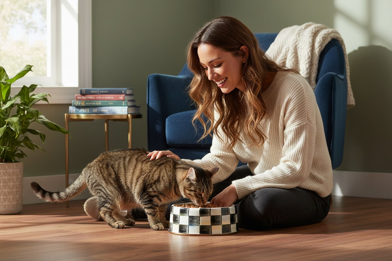 Black-and-white checkered ceramic pet bowl for cats and dogs, large size with food and water sections — view 1