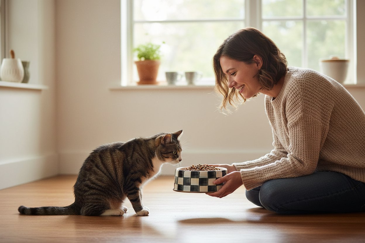 Black-and-white checkered ceramic pet bowl for cats and dogs, large size with food and water sections — view 2