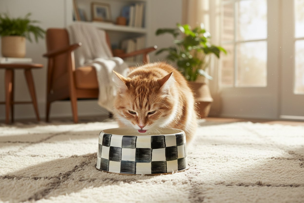 Black-and-white checkered ceramic pet bowl for cats and dogs, large size with food and water sections — view 3a
