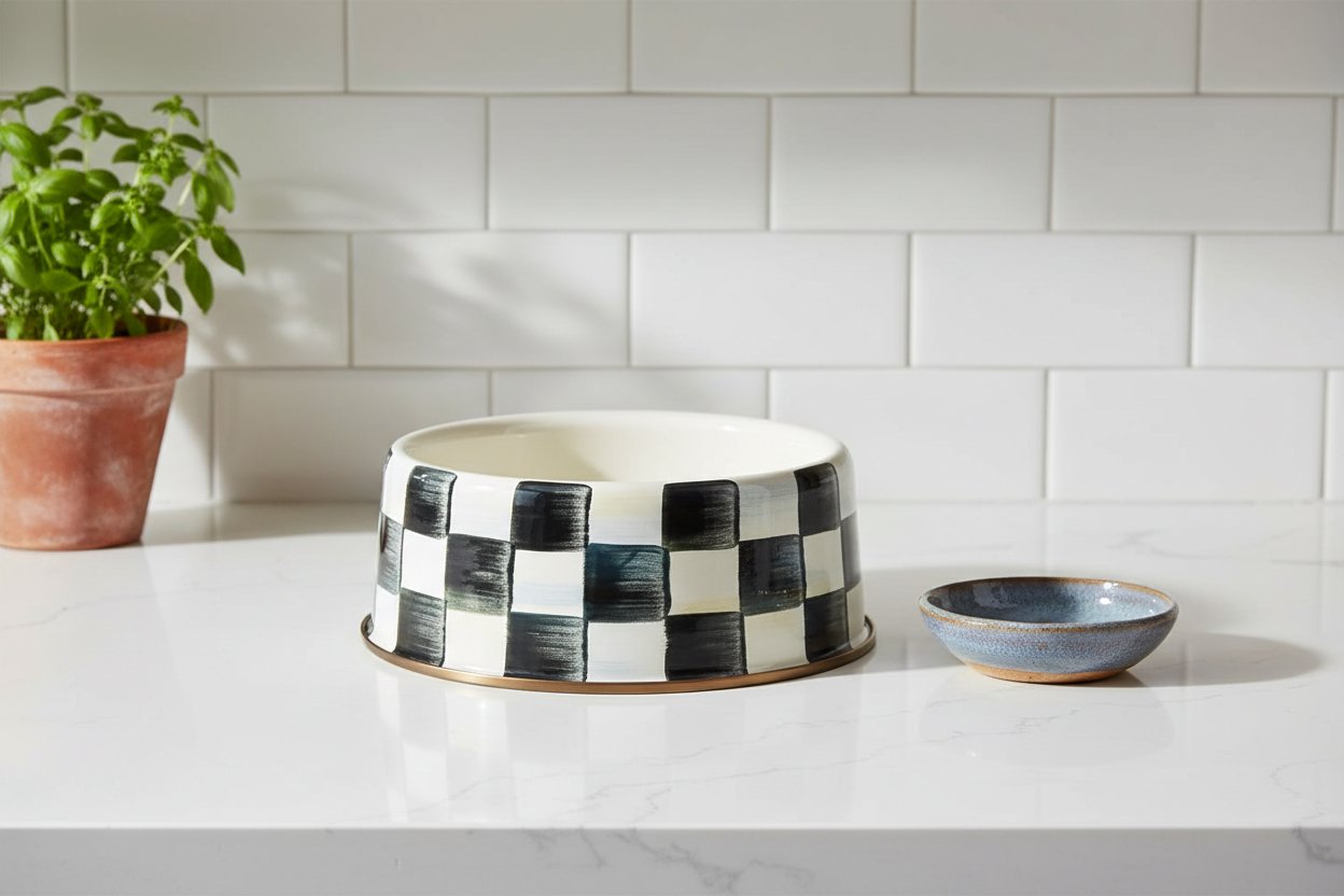 Black-and-white checkered ceramic pet bowl for cats and dogs, large size with food and water sections — view 5a