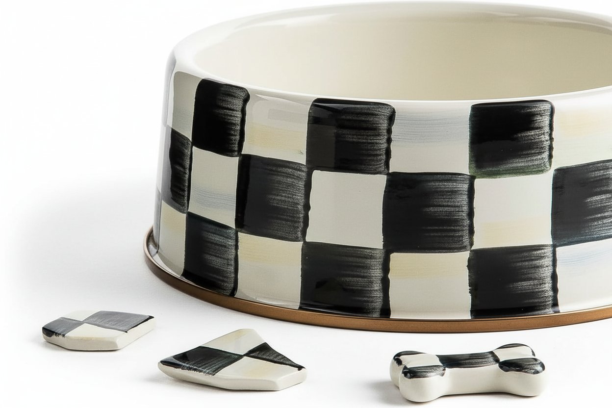Black-and-white checkered ceramic pet bowl for cats and dogs, large size with food and water sections — view 5b