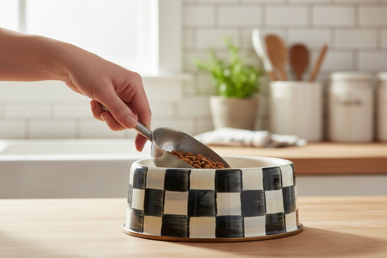 Black-and-white checkered ceramic pet bowl for cats and dogs, large size with food and water sections — view 6