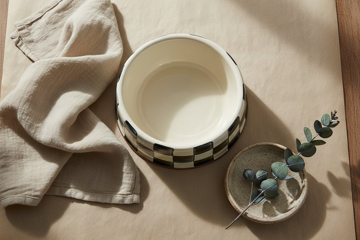 Black-and-white checkered ceramic pet bowl for cats and dogs, large size with food and water sections — view 7b