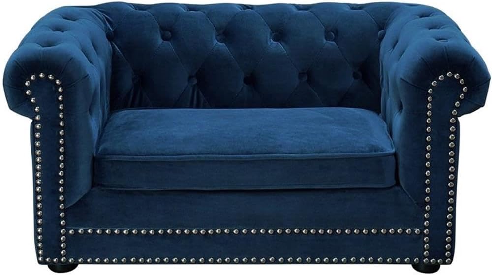 Navy blue button tufted velvet orthopedic dog bed with plush cushioning for senior dogs — view 2