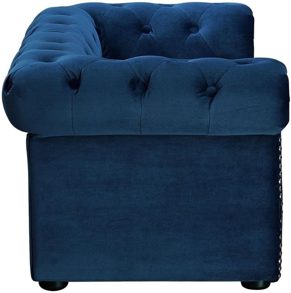 Navy blue button tufted velvet orthopedic dog bed with plush cushioning for senior dogs — view 3