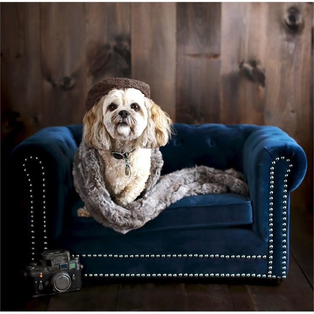 Navy blue button tufted velvet orthopedic dog bed with plush cushioning for senior dogs — view 4
