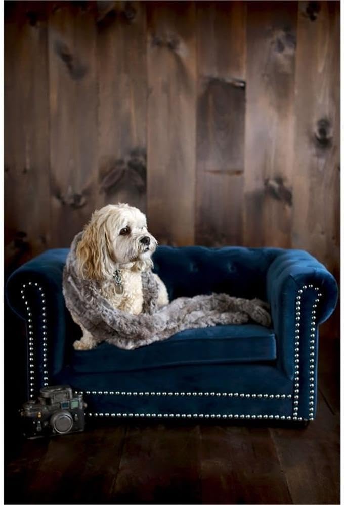Navy blue button tufted velvet orthopedic dog bed with plush cushioning for senior dogs — view 5