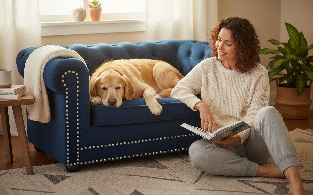 Navy blue button tufted velvet orthopedic dog bed with plush cushioning for senior dogs — view 1