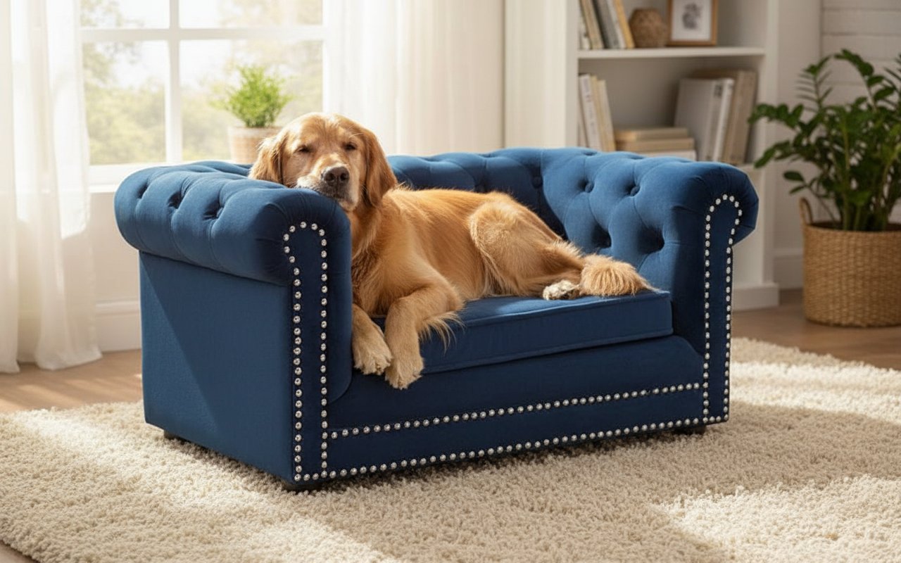 Navy blue button tufted velvet orthopedic dog bed with plush cushioning for senior dogs — view 3a