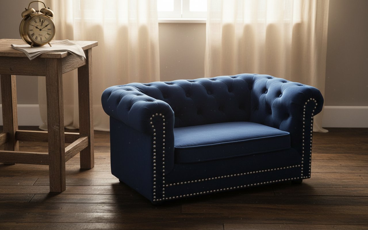 Navy blue button tufted velvet orthopedic dog bed with plush cushioning for senior dogs — view 7a