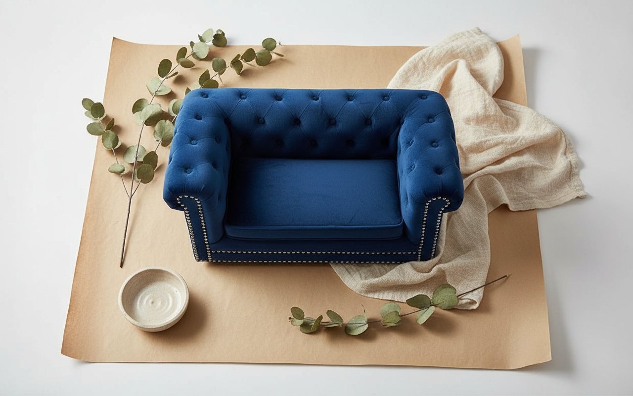 Navy blue button tufted velvet orthopedic dog bed with plush cushioning for senior dogs — view 7b