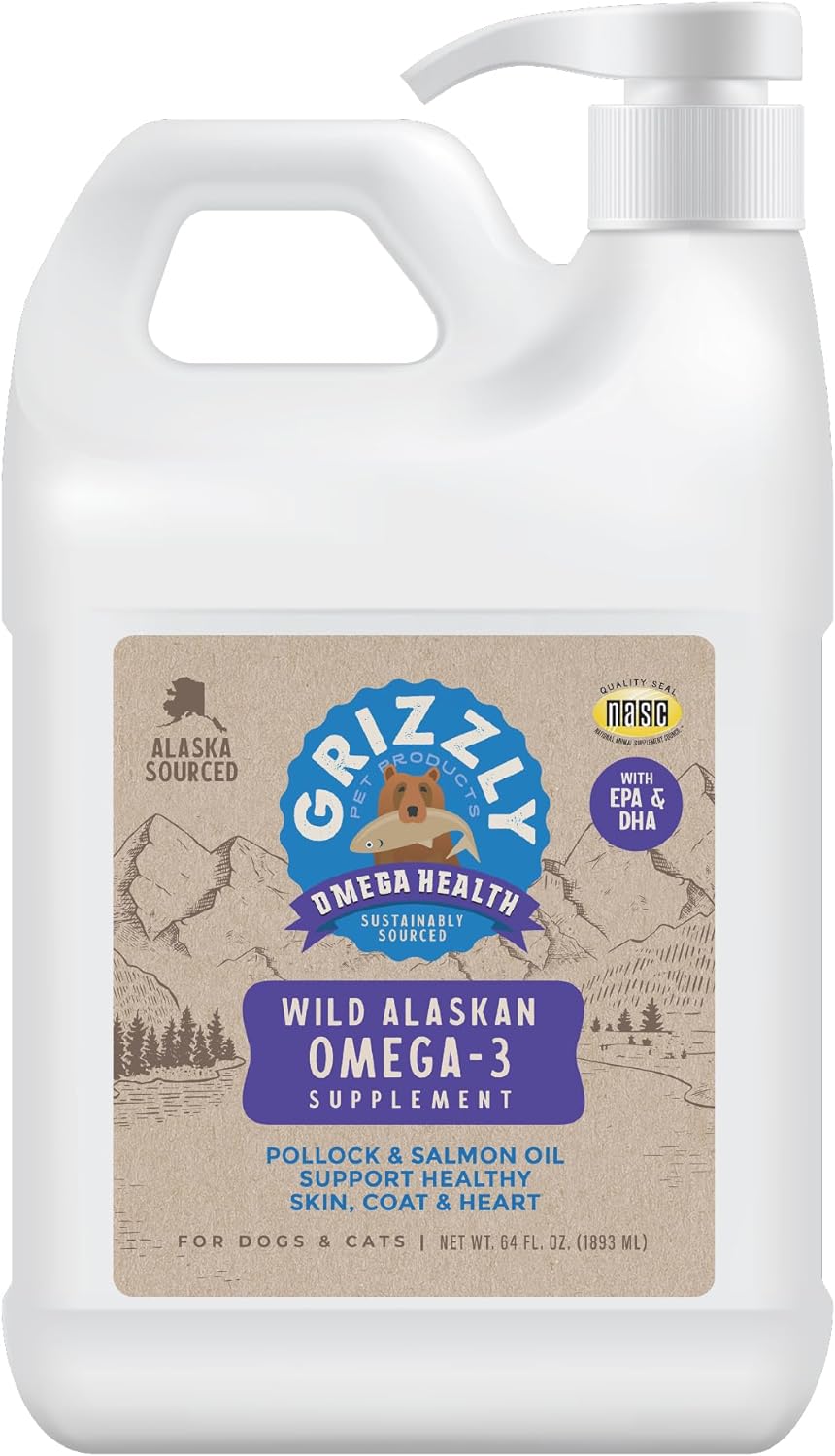 Fish oil omega-3 liquid supplement for dogs and cats in amber jug, promotes joint support and healthy skin and coat โ view 1