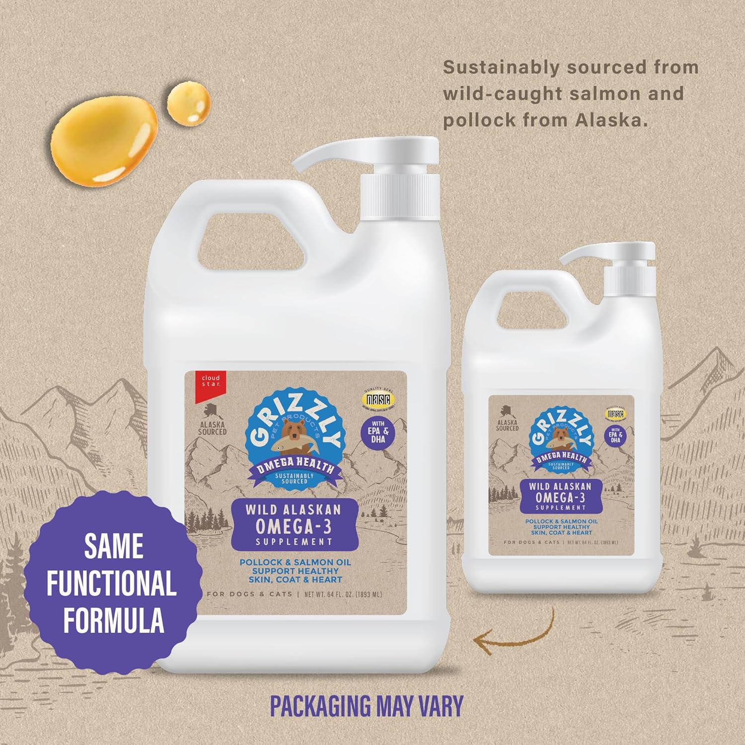 Fish oil omega-3 liquid supplement for dogs and cats in amber jug, promotes joint support and healthy skin and coat โ view 2