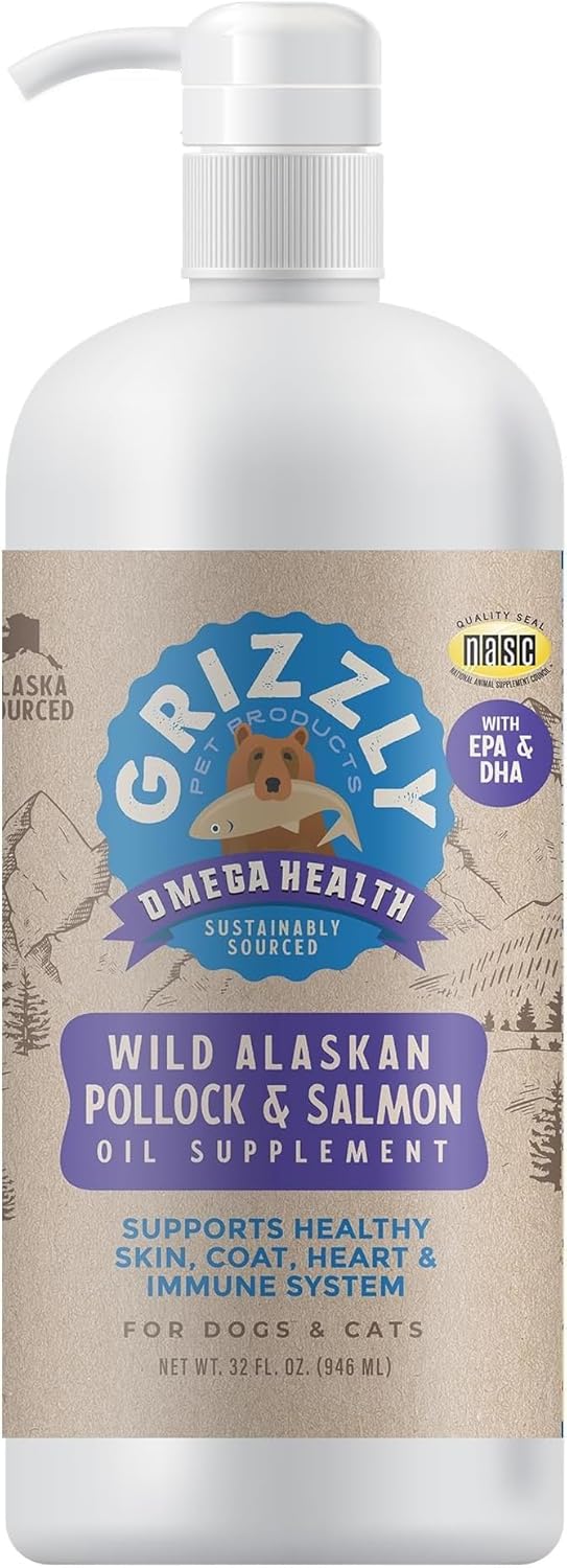 Fish oil omega-3 liquid supplement for dogs and cats in amber jug, promotes joint support and healthy skin and coat โ view 2