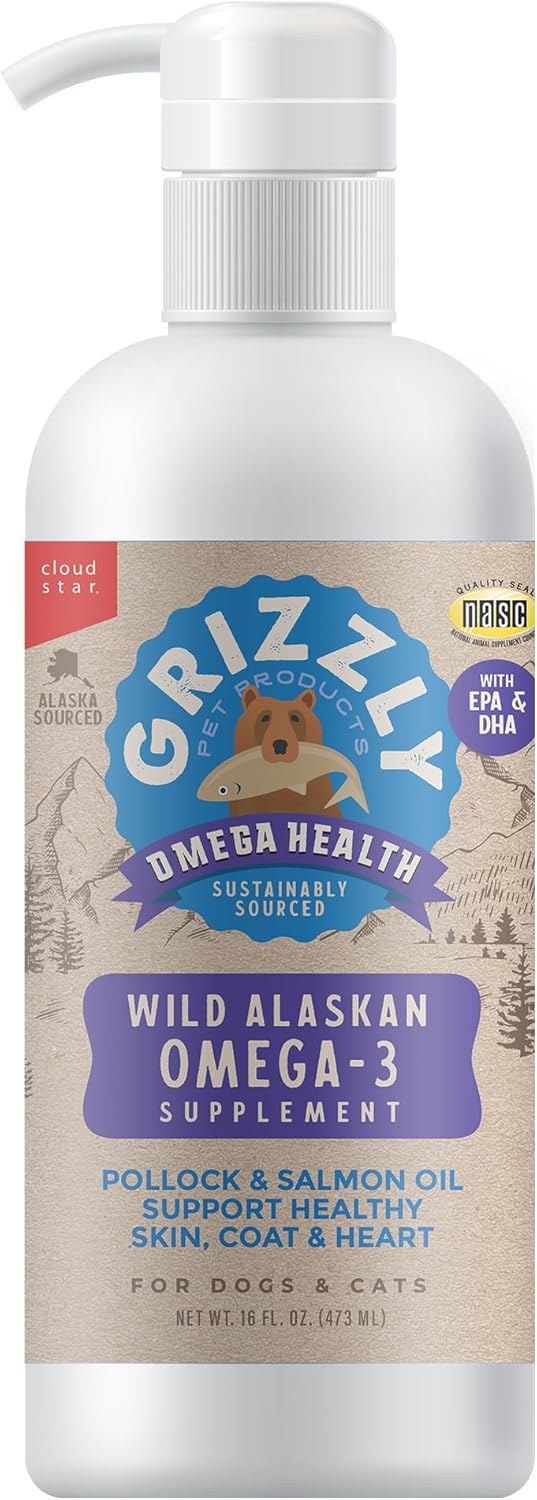 Fish oil omega-3 liquid supplement for dogs and cats in amber jug, promotes joint support and healthy skin and coat โ view 3