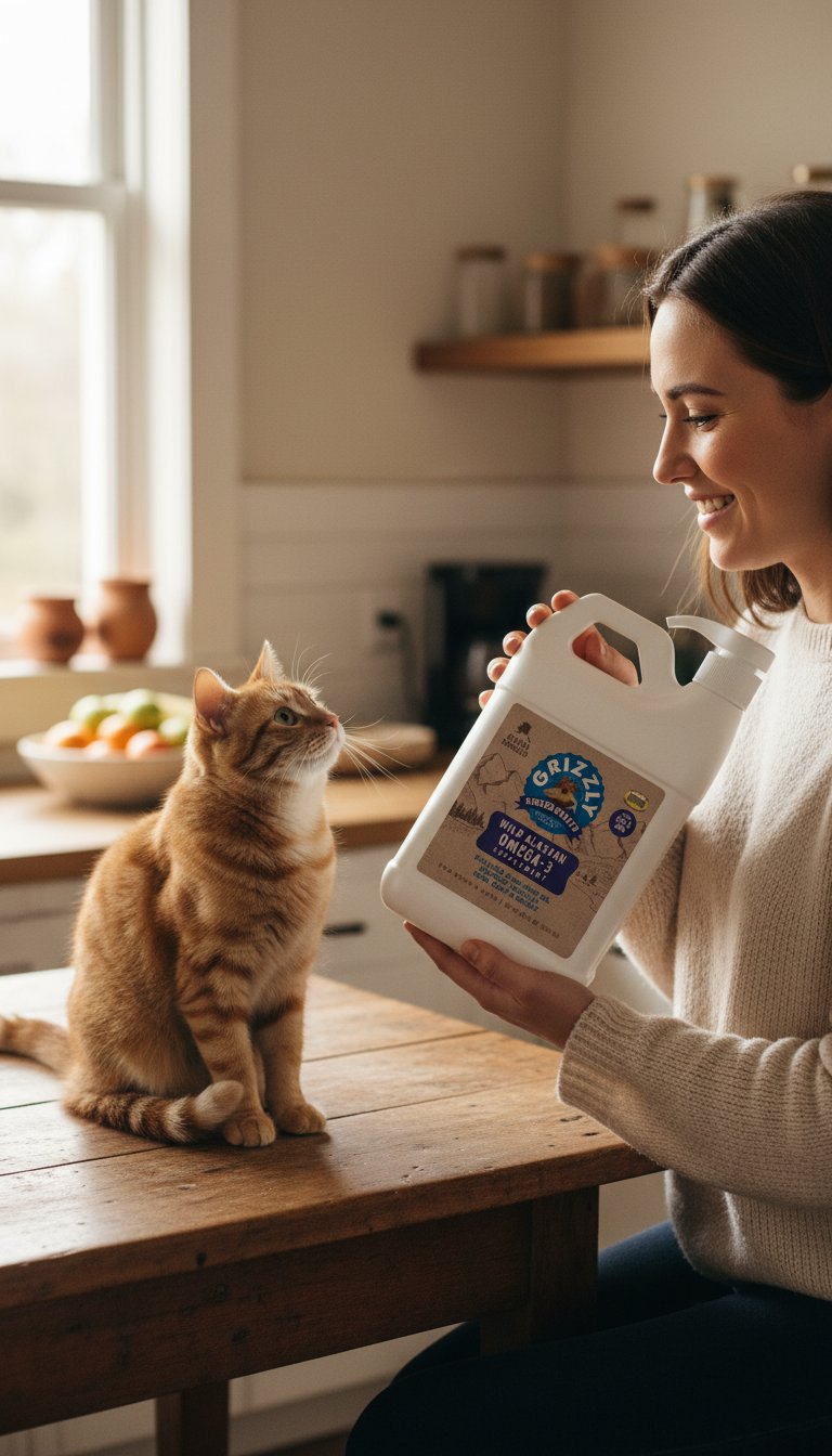 Fish oil omega-3 liquid supplement for dogs and cats in amber jug, promotes joint support and healthy skin and coat โ view 2