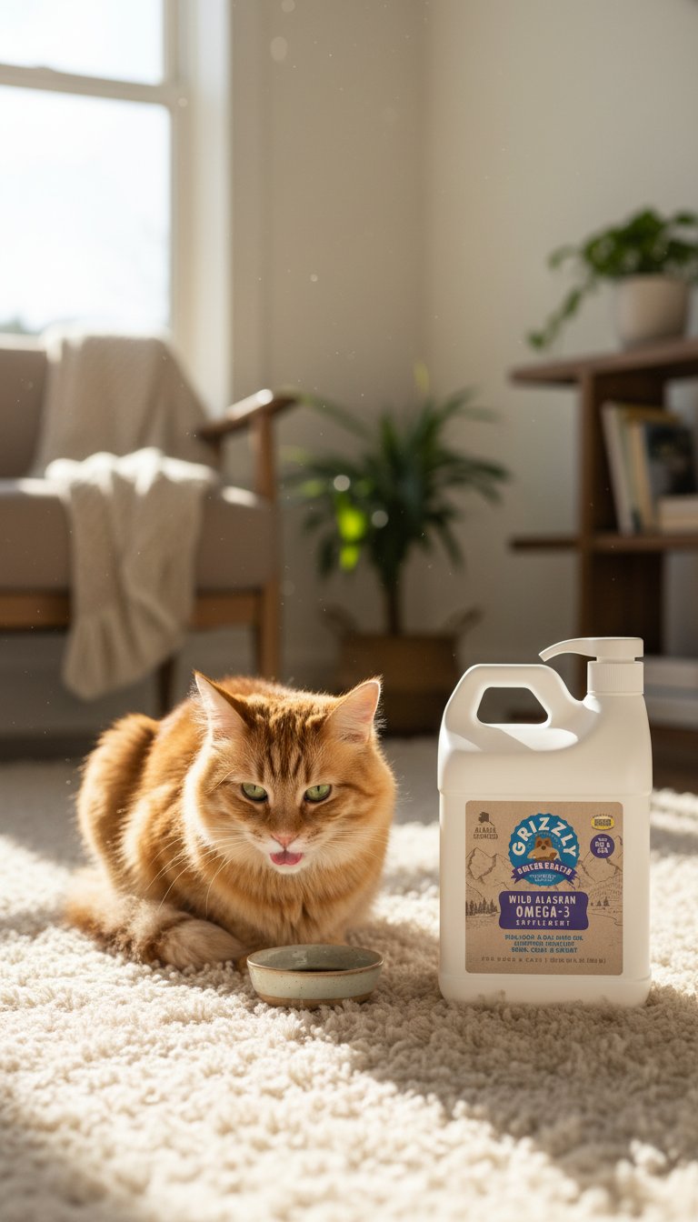 Fish oil omega-3 liquid supplement for dogs and cats in amber jug, promotes joint support and healthy skin and coat โ view 3a