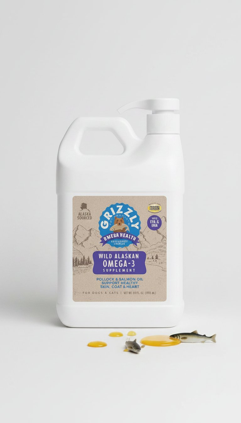 Fish oil omega-3 liquid supplement for dogs and cats in amber jug, promotes joint support and healthy skin and coat โ view 5b