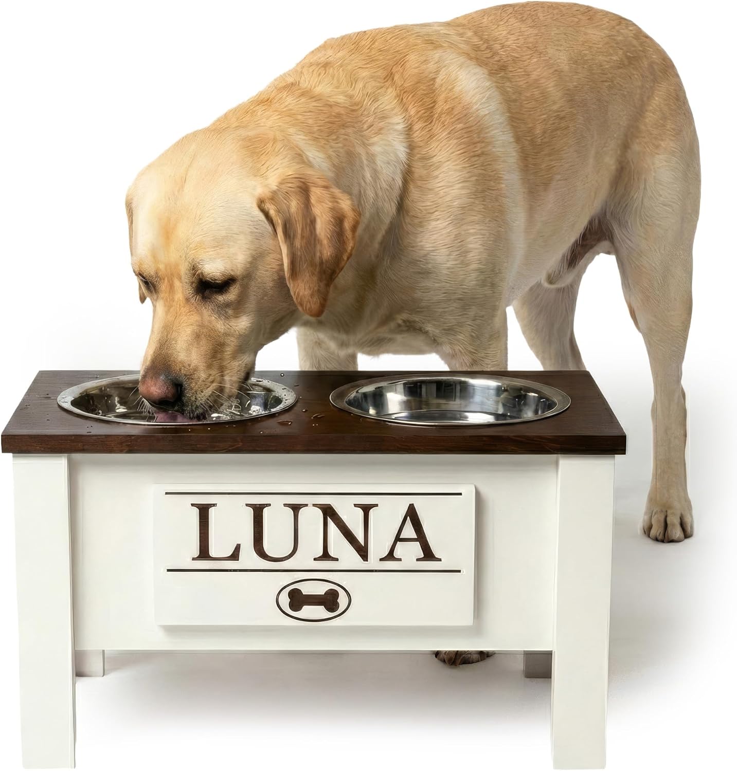 Dark walnut elevated dog bowl stand for large dogs with stainless steel bowls and storage drawer — front