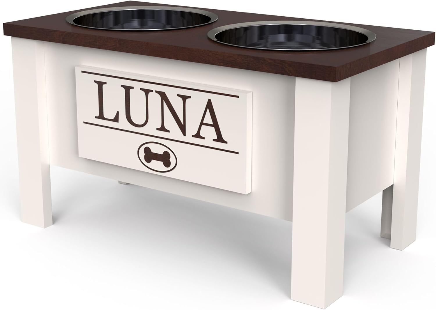 Dark walnut elevated dog bowl stand for large dogs with stainless steel bowls and storage drawer — back