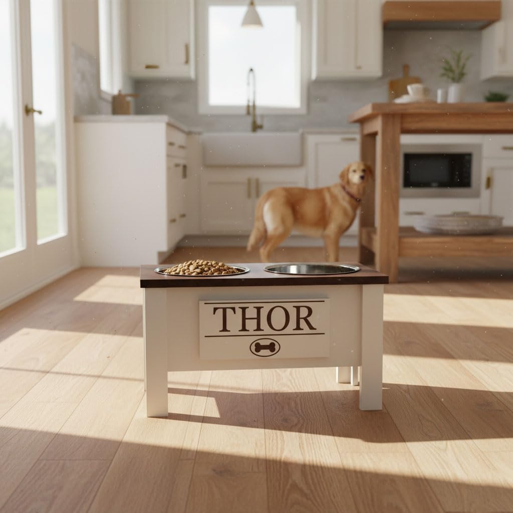 Dark walnut elevated dog bowl stand for large dogs with stainless steel bowls and storage drawer — detail
