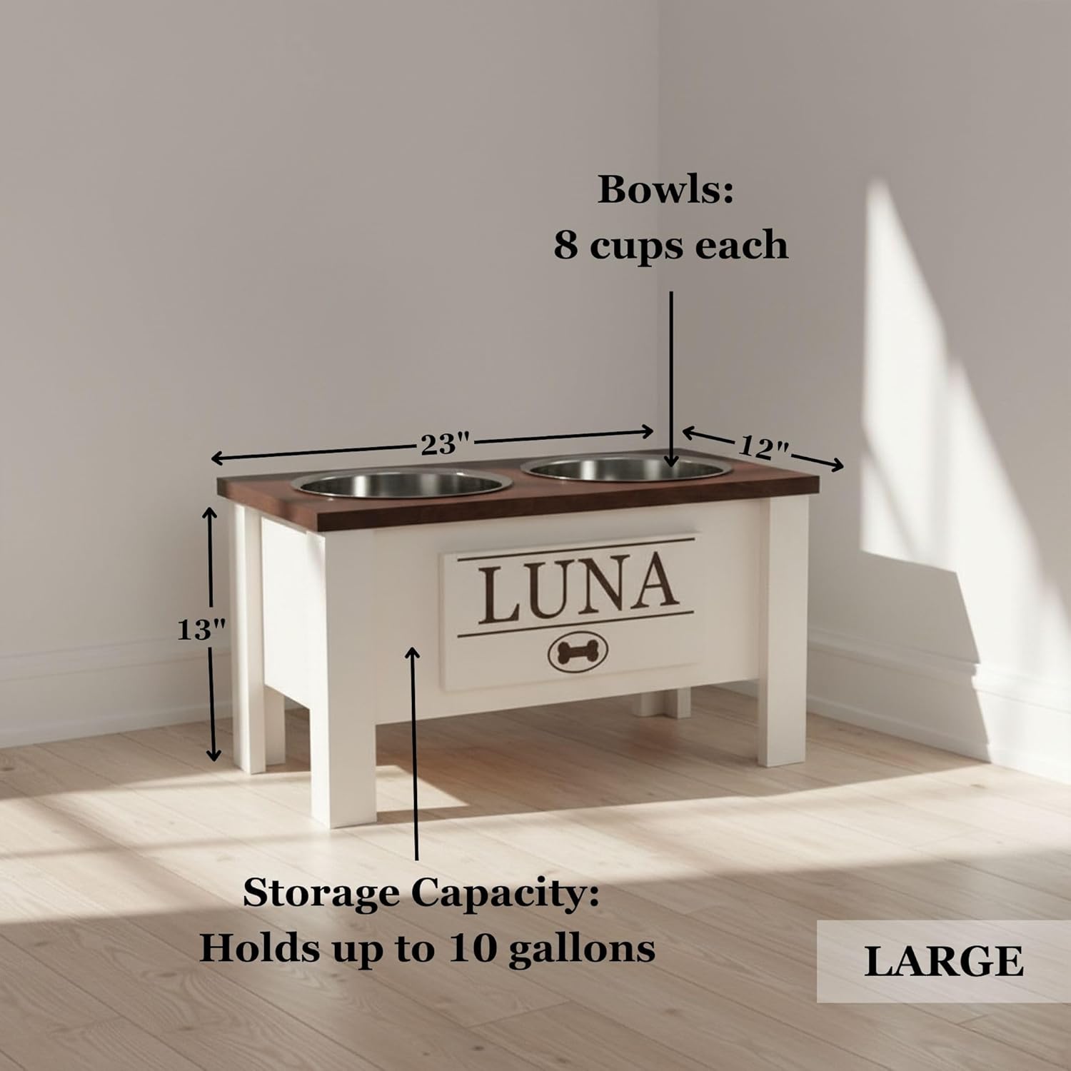 Dark walnut elevated dog bowl stand for large dogs with stainless steel bowls and storage drawer — view 3b