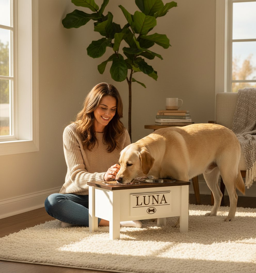 Dark walnut elevated dog bowl stand for large dogs with stainless steel bowls and storage drawer — view 1