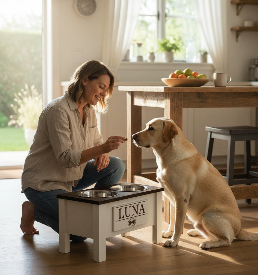 Dark walnut elevated dog bowl stand for large dogs with stainless steel bowls and storage drawer — view 2