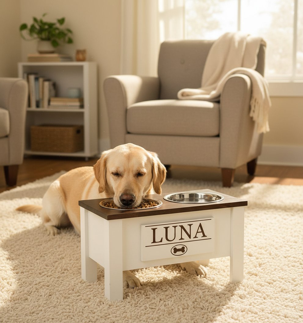 Dark walnut elevated dog bowl stand for large dogs with stainless steel bowls and storage drawer — view 3a