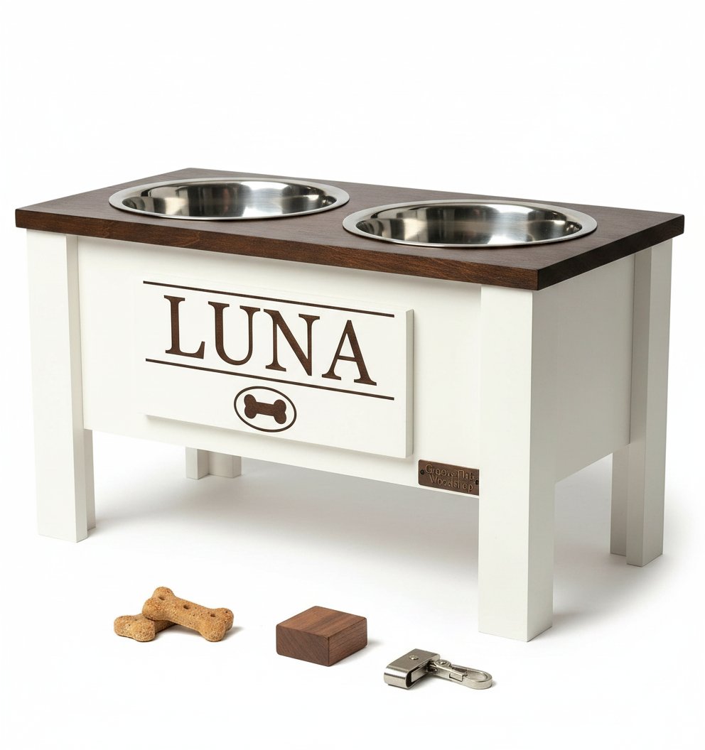 Dark walnut elevated dog bowl stand for large dogs with stainless steel bowls and storage drawer — view 5b