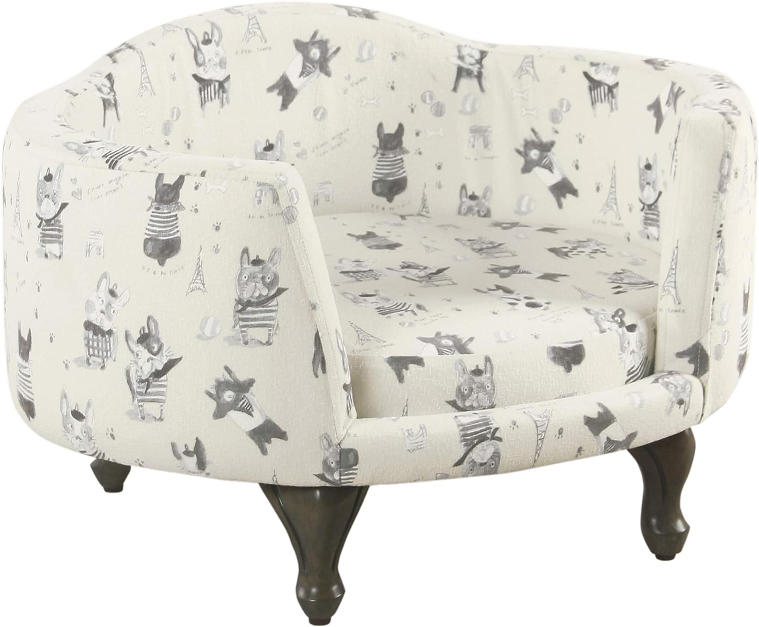 Cream and gray upholstered curved pet bed with stain-resistant fabric for dogs and cats — front