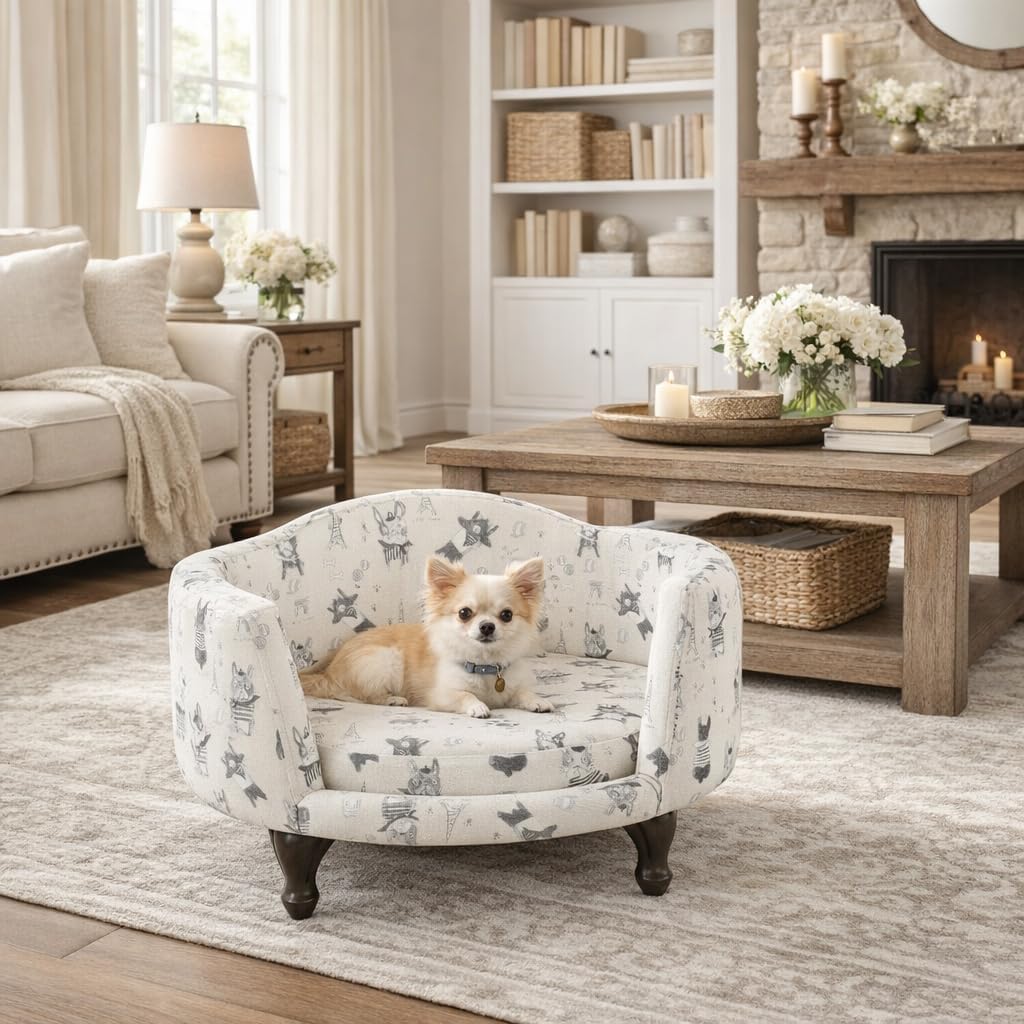 Cream and gray upholstered curved pet bed with stain-resistant fabric for dogs and cats — side