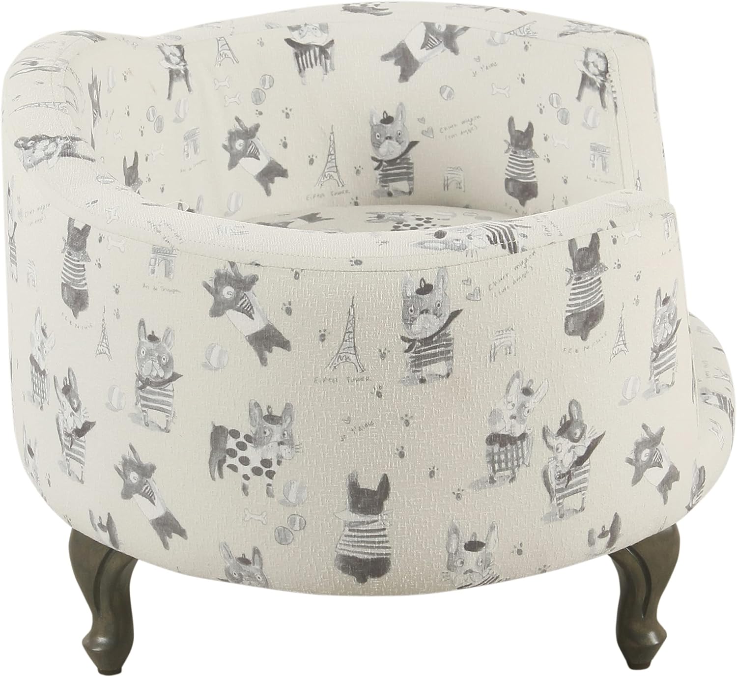 Cream and gray upholstered curved pet bed with stain-resistant fabric for dogs and cats — back
