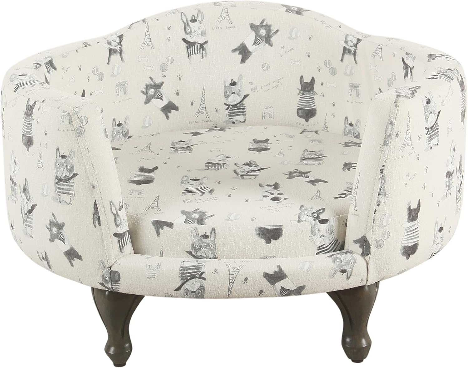 Cream and gray upholstered curved pet bed with stain-resistant fabric for dogs and cats โ view 2