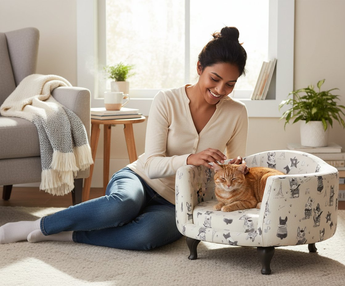 Cream and gray upholstered curved pet bed with stain-resistant fabric for dogs and cats — view 1