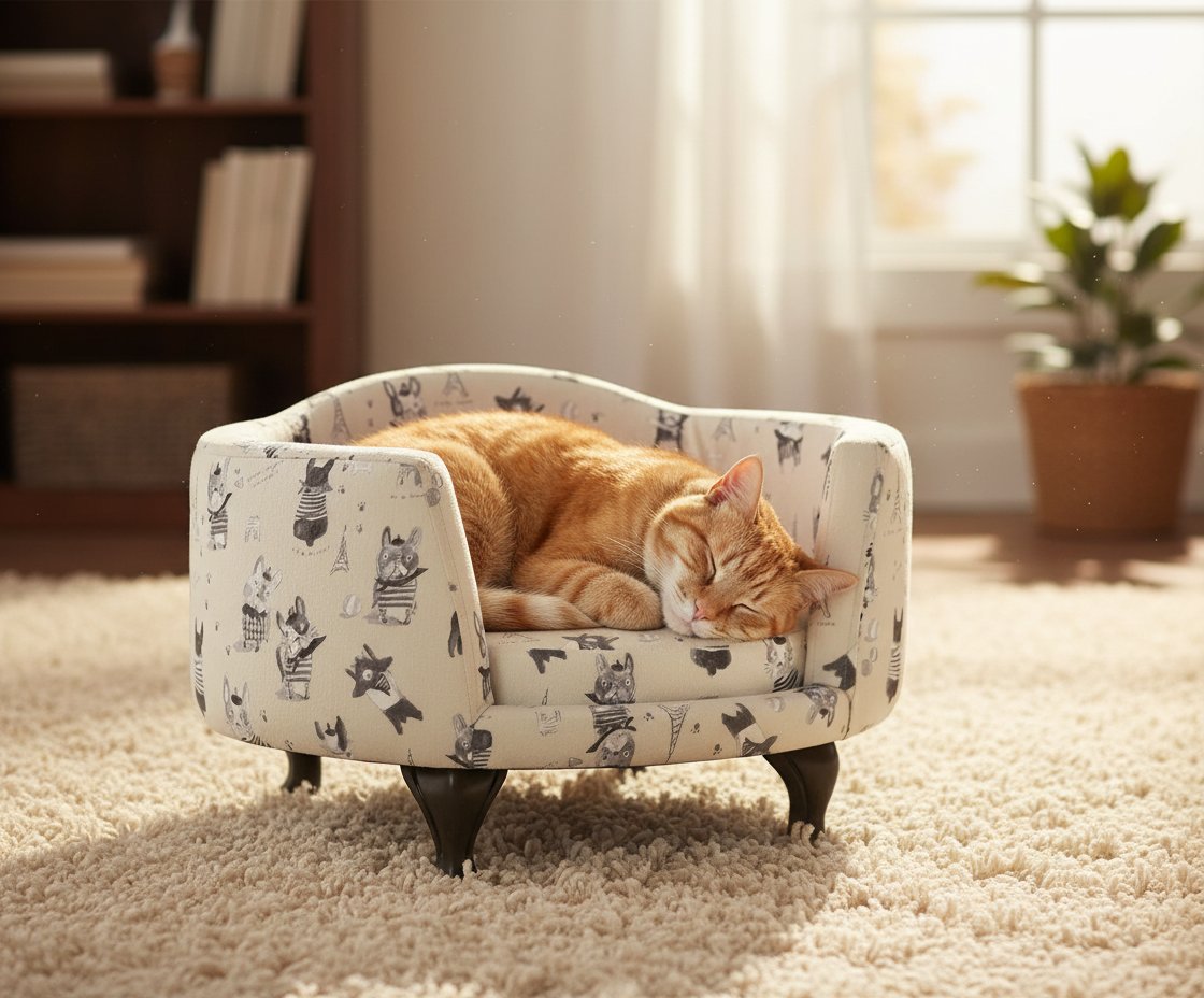 Cream and gray upholstered curved pet bed with stain-resistant fabric for dogs and cats — view 3a