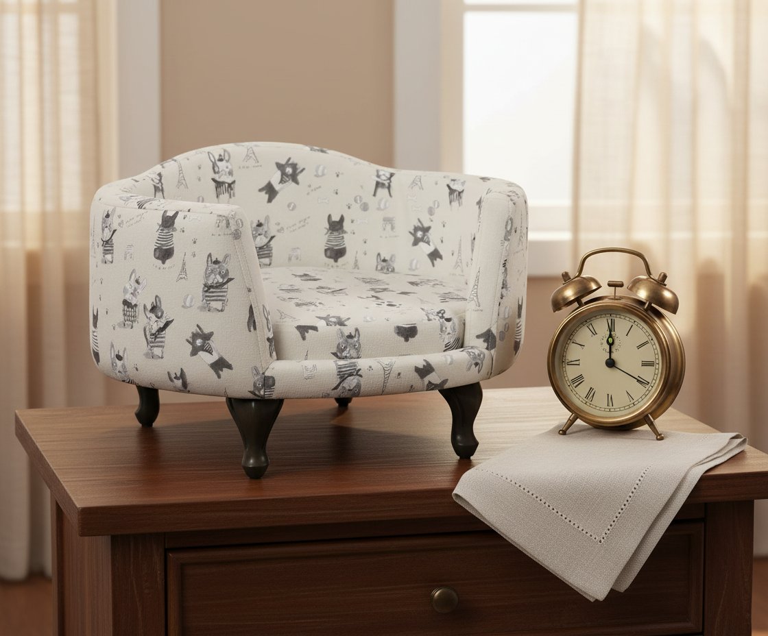 Cream and gray upholstered curved pet bed with stain-resistant fabric for dogs and cats — view 7a