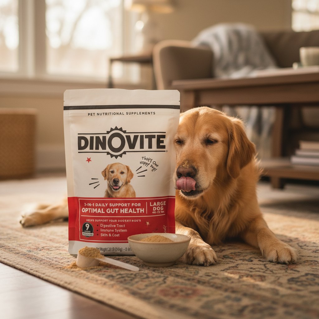 Probiotic supplement for dogs with omega-3 for skin and coat health, shown in large dog formula packaging โ view 3a