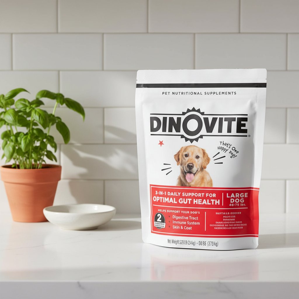 Probiotic supplement for dogs with omega-3 for skin and coat health, shown in large dog formula packaging โ view 5a