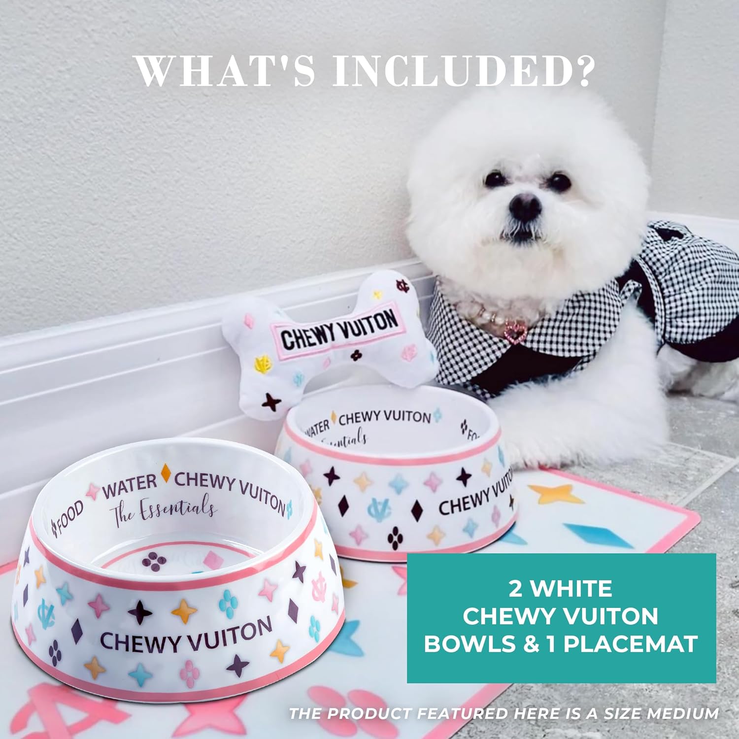 White BPA-free dog food and water bowls with non-skid bottom and matching placemat — view 5