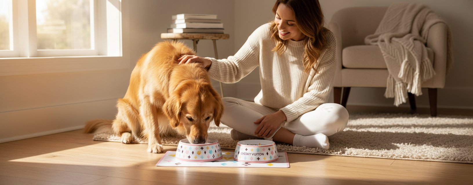 White BPA-free dog food and water bowls with non-skid bottom and matching placemat — view 1