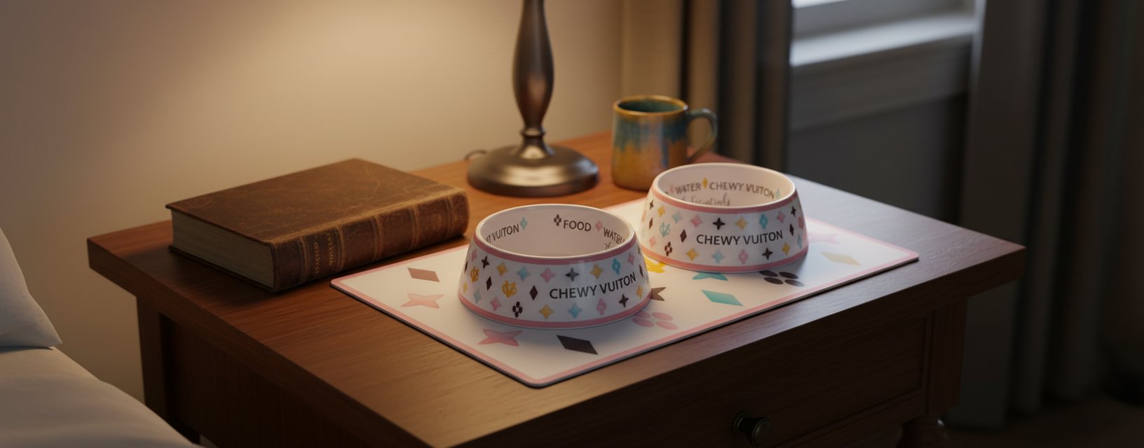 White BPA-free dog food and water bowls with non-skid bottom and matching placemat — view 3b