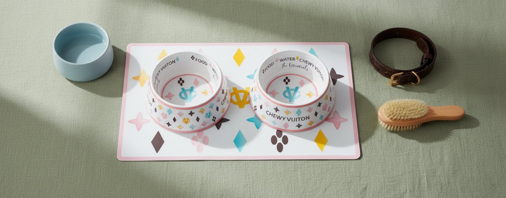 White BPA-free dog food and water bowls with non-skid bottom and matching placemat — view 4
