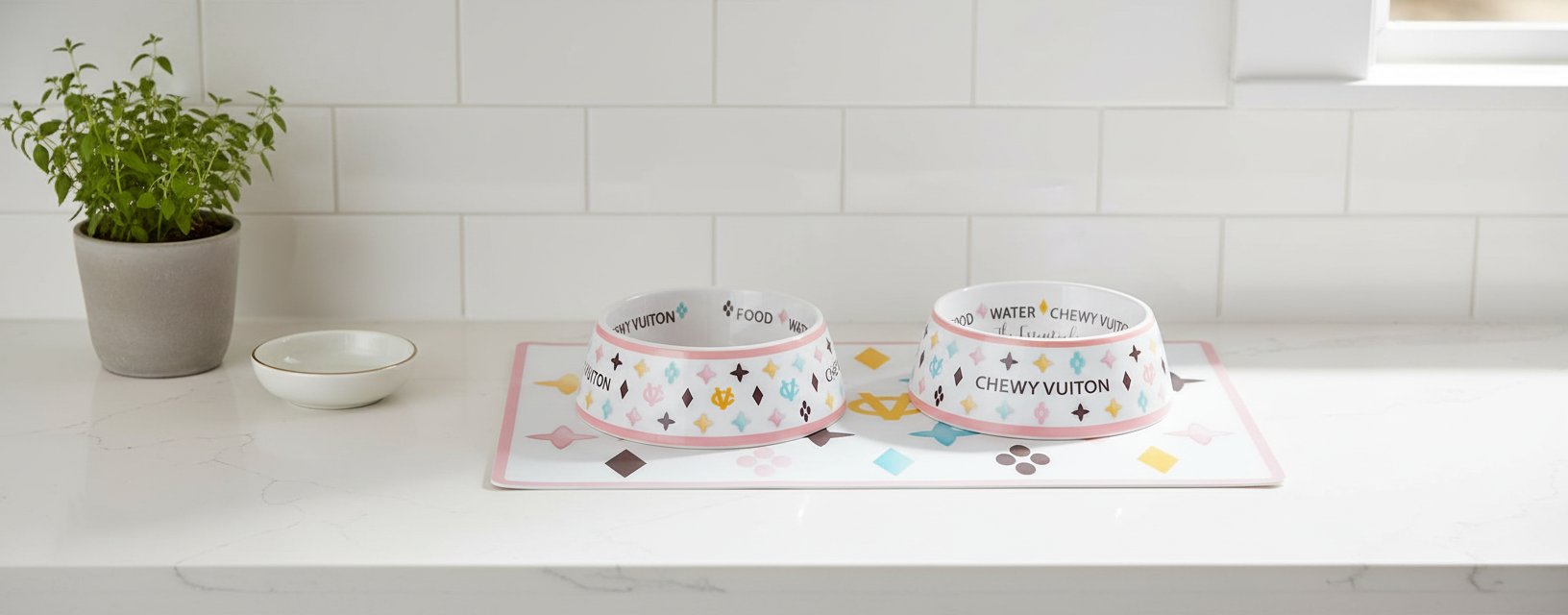 White BPA-free dog food and water bowls with non-skid bottom and matching placemat — view 5a