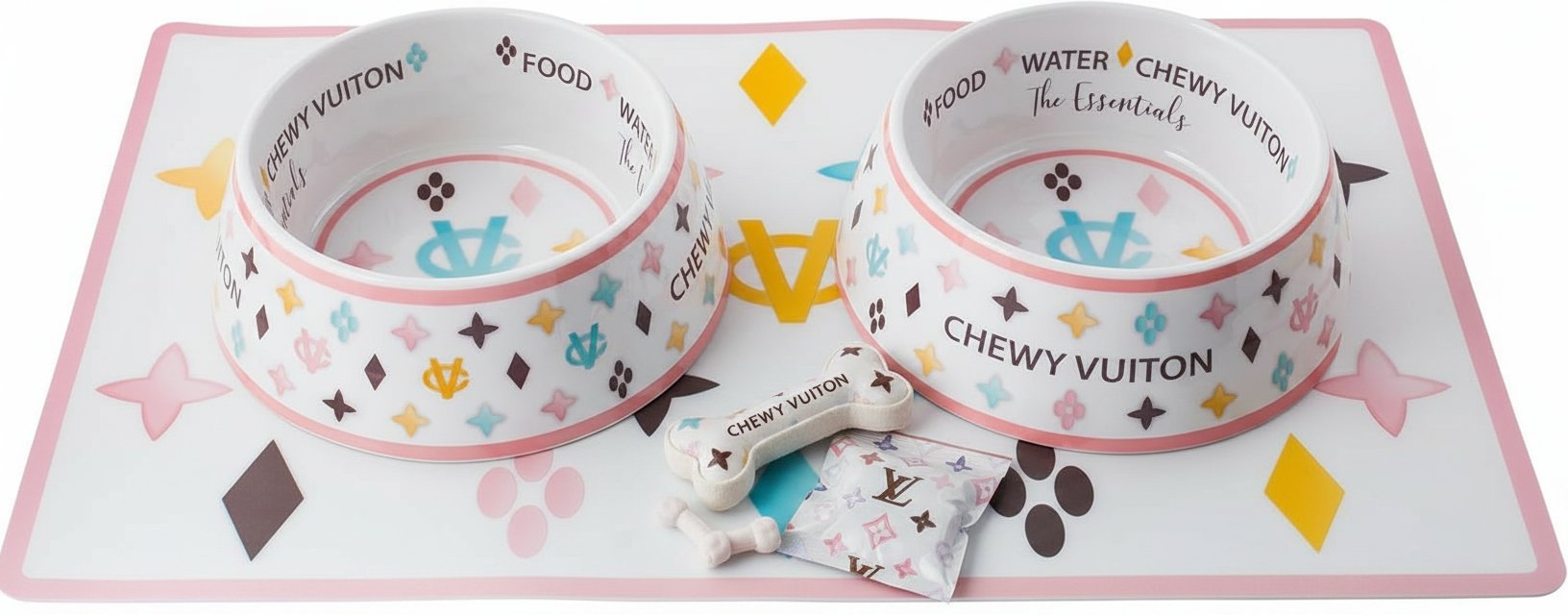 White BPA-free dog food and water bowls with non-skid bottom and matching placemat — view 5b
