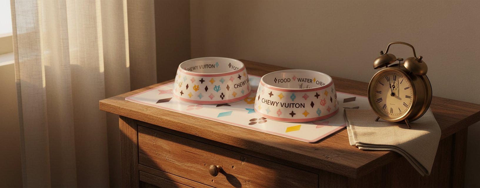 White BPA-free dog food and water bowls with non-skid bottom and matching placemat — view 7a