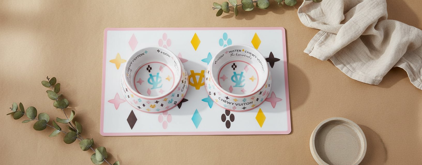 White BPA-free dog food and water bowls with non-skid bottom and matching placemat — view 7b