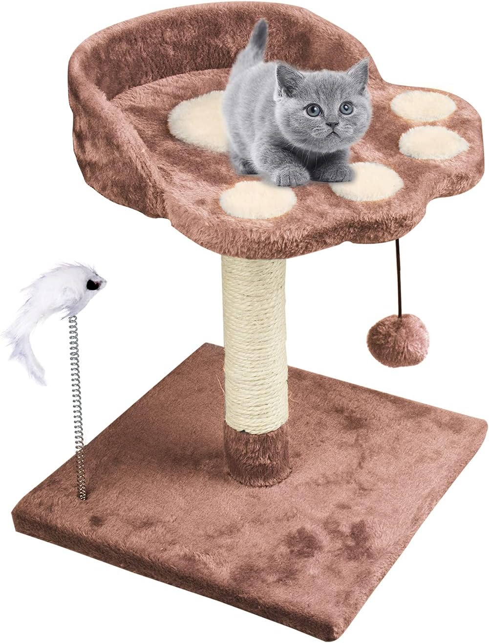 Small multi-level cat tree with natural sisal scratching posts, plush fabric platforms, and wood frame for kittens and adult cats โ view 1